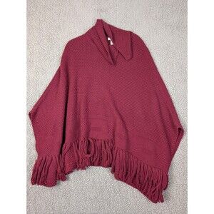 Coldwater Creek Poncho Sweater Wool Blend Knit Cape Fringe Maroon Cranberry O/S